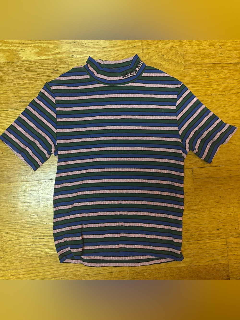 Teddy Fresh Metallic Stripe Need A Hug Mock Neck Streetwear Preppy Kidcore Tee M